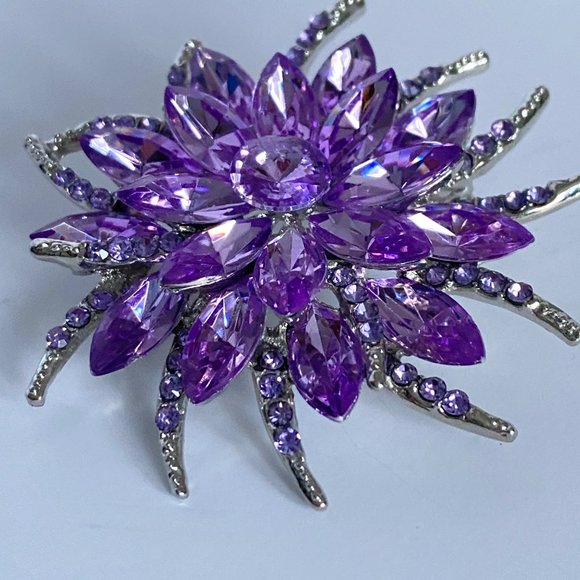 Purple Rhinestones Flower Large Crystal Floral Brooch Silver Tone 2.5in - Picture 3 of 11